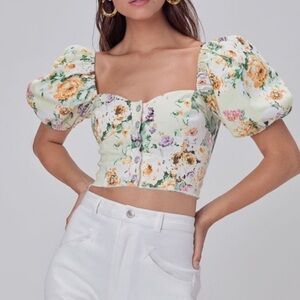For Love And Lemons Floral Puff Sleeve Crop Top